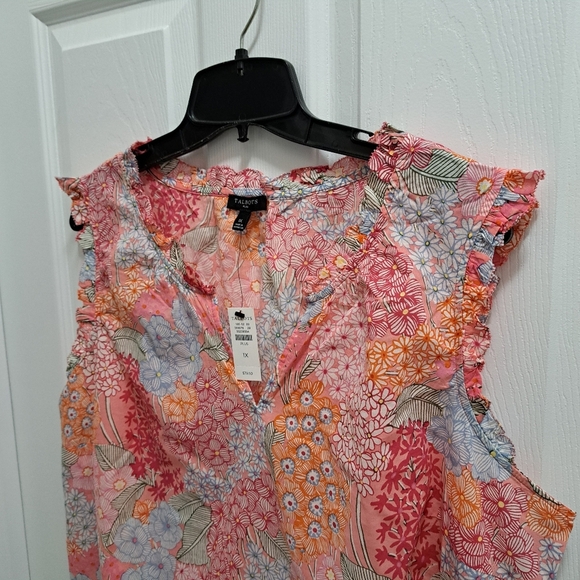New! Talbots Shirt Womens 1X Vibrant Floral Ruffle Trim Split Neck Cotton Top - Picture 11 of 13